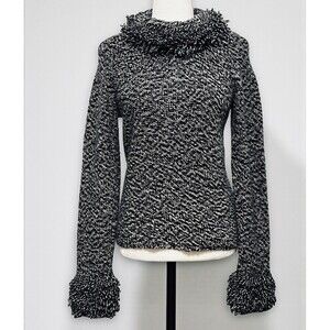 Saks Fifth Avenue Cashmere Wool Blend Cowl Neck Sweater B/W Fringe Trim Size Med
